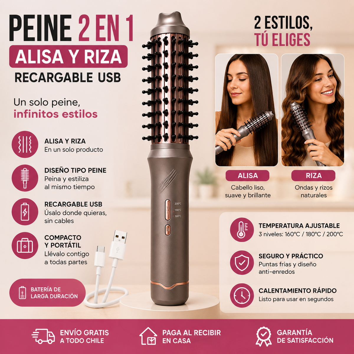 LisoRizo Pro - Peine Inalambrico 2 en 1 Alisa & Riza + Gel de Cejas completamente GRATIS