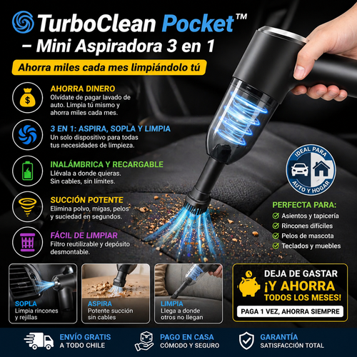 🌀 TurboClean Pocket™ – Mini Aspiradora 3 en 1 - Ahorra miles cada mes limpiándolo tú