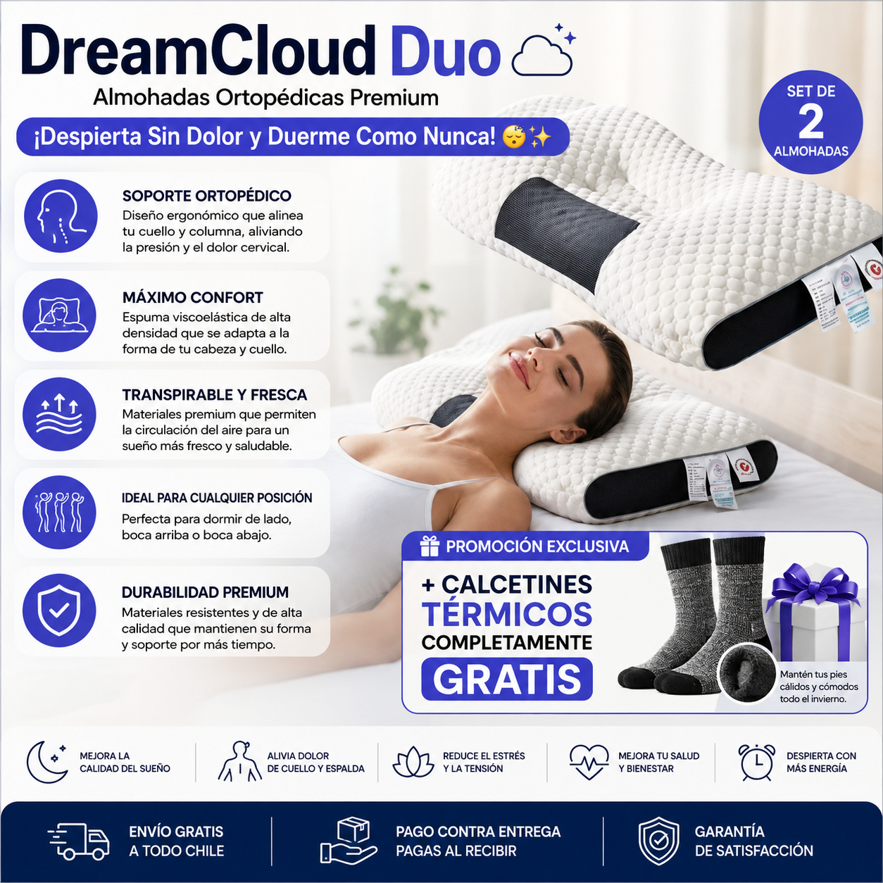 DreamCloud Duo – Almohadas Ortopédicas Premium -¡Despierta Sin Dolor y Duerme Como Nunca! 😴✨+ Calcetines térmicos completamente Gratis
