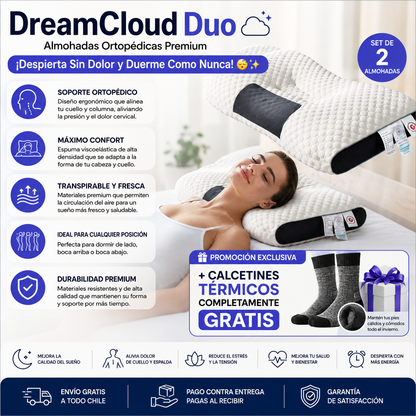 DreamCloud Duo – Almohadas Ortopédicas Premium -¡Despierta Sin Dolor y Duerme Como Nunca! 😴✨+ Calcetines térmicos completamente Gratis