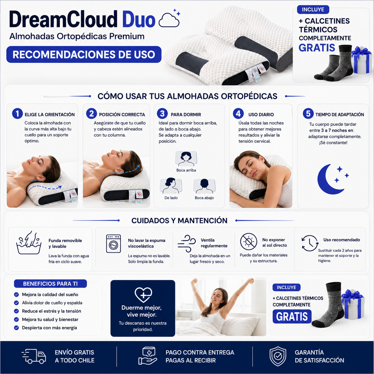 DreamCloud Duo – Almohadas Ortopédicas Premium -¡Despierta Sin Dolor y Duerme Como Nunca! 😴✨+ Calcetines térmicos completamente Gratis