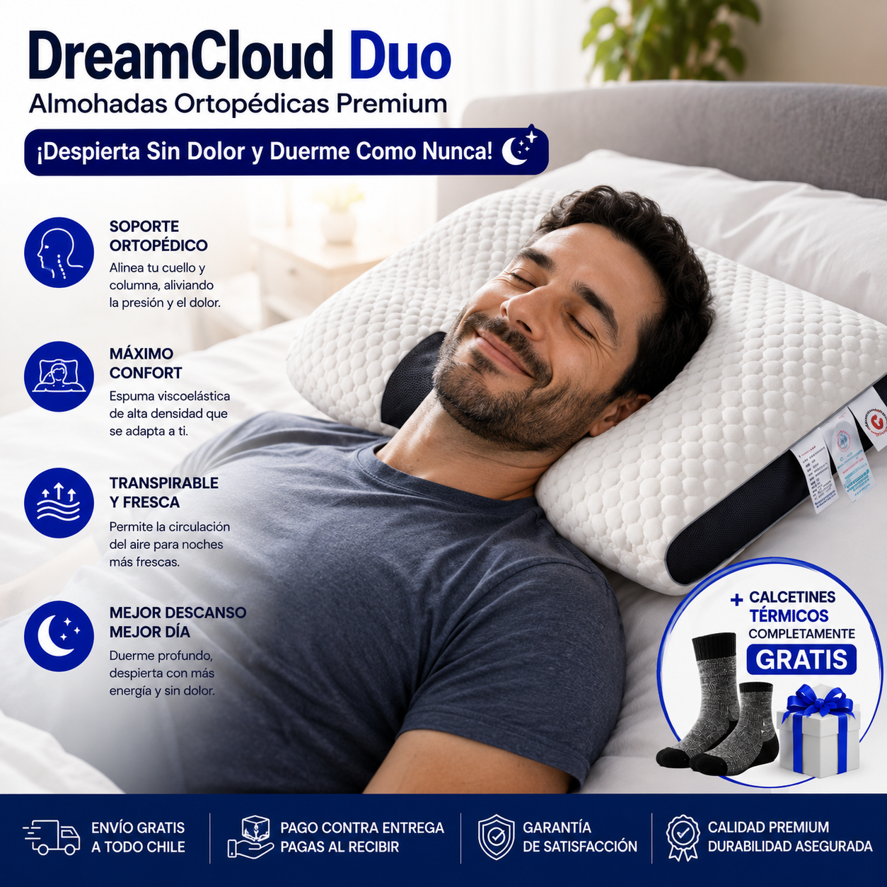 DreamCloud Duo – Almohadas Ortopédicas Premium -¡Despierta Sin Dolor y Duerme Como Nunca! 😴✨+ Calcetines térmicos completamente Gratis