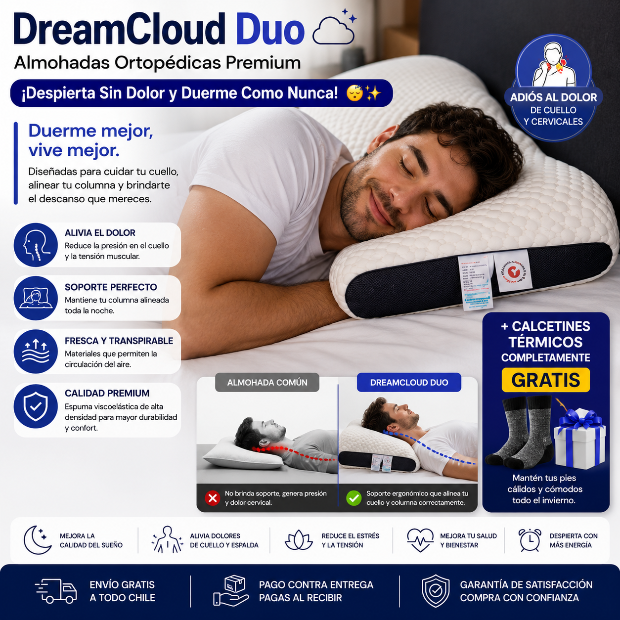 DreamCloud Duo – Almohadas Ortopédicas Premium -¡Despierta Sin Dolor y Duerme Como Nunca! 😴✨+ Calcetines térmicos completamente Gratis