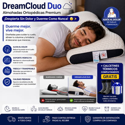 DreamCloud Duo – Almohadas Ortopédicas Premium -¡Despierta Sin Dolor y Duerme Como Nunca! 😴✨+ Calcetines térmicos completamente Gratis