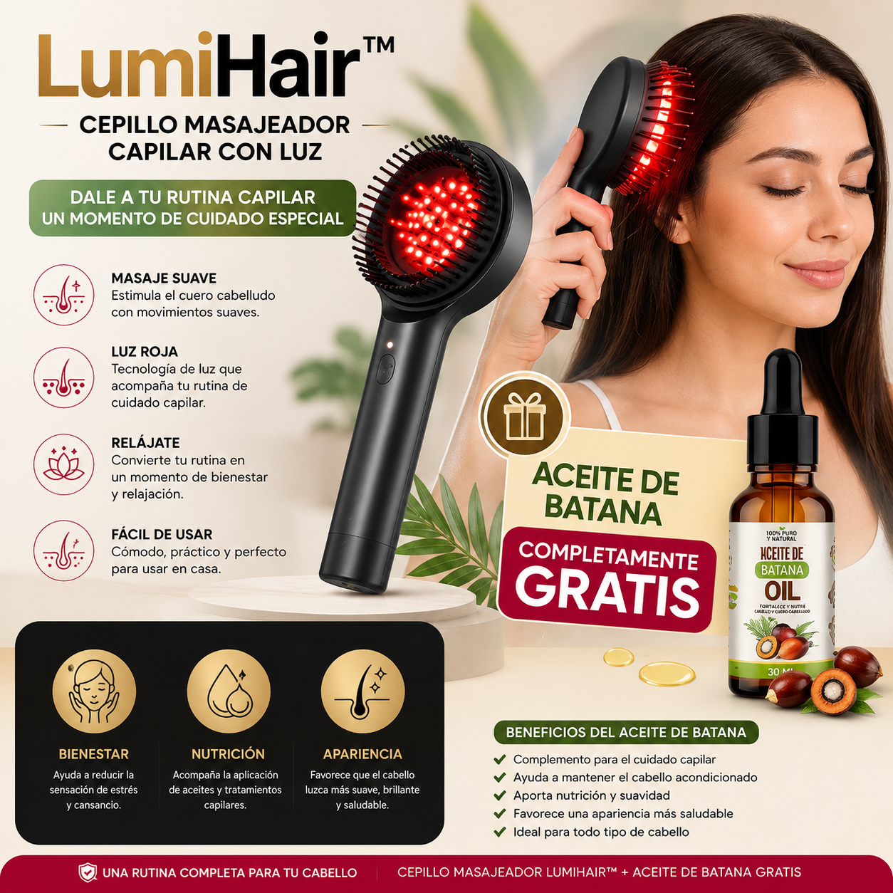 LumiHair™ | Cepillo Masajeador Capilar con Luz + Aceite de Batana completamente GRATIS