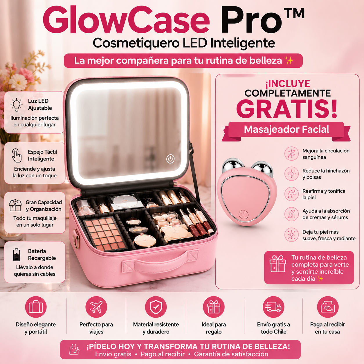 GlowCase Pro™ - Cosmetiquero LED Inteligente - La mejor compañera para tu rutina de belleza + Masajeador facial completamente GRATIS