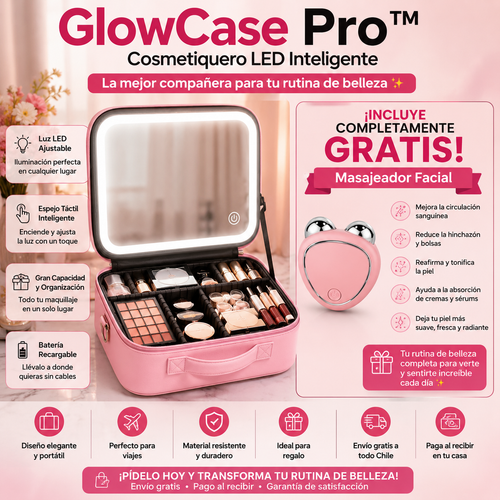 GlowCase Pro™ - Cosmetiquero LED Inteligente - La mejor compañera para tu rutina de belleza + Masajeador facial completamente GRATIS