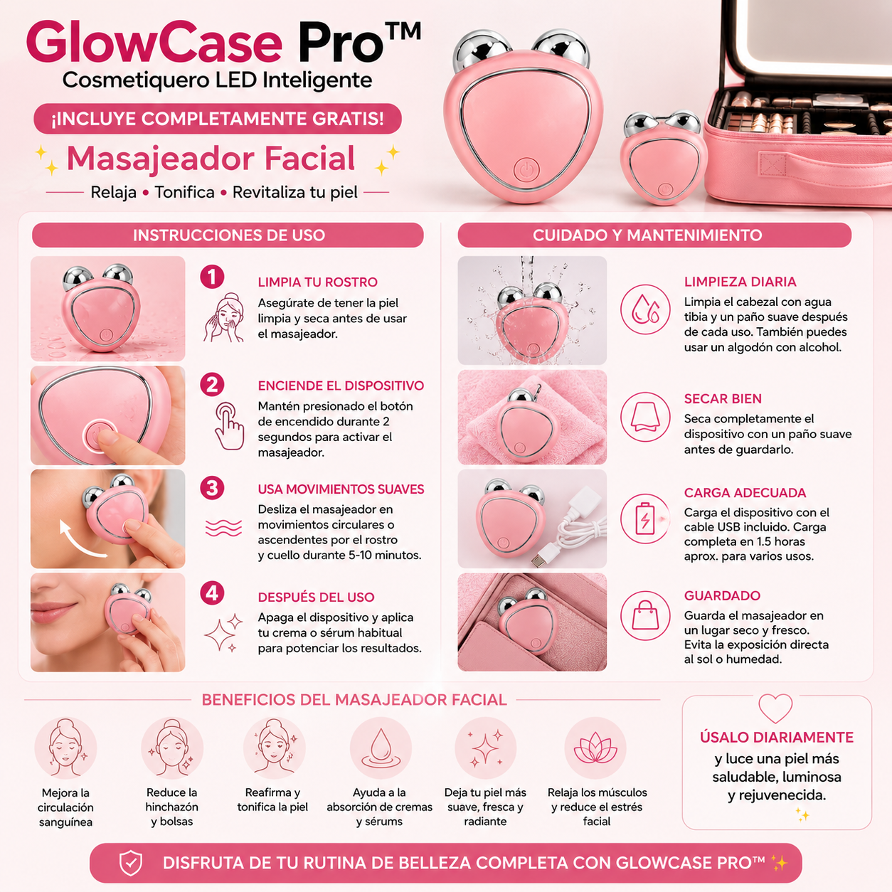 GlowCase Pro™ - Cosmetiquero LED Inteligente - La mejor compañera para tu rutina de belleza + Masajeador facial completamente GRATIS