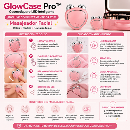 GlowCase Pro™ - Cosmetiquero LED Inteligente - La mejor compañera para tu rutina de belleza + Masajeador facial completamente GRATIS