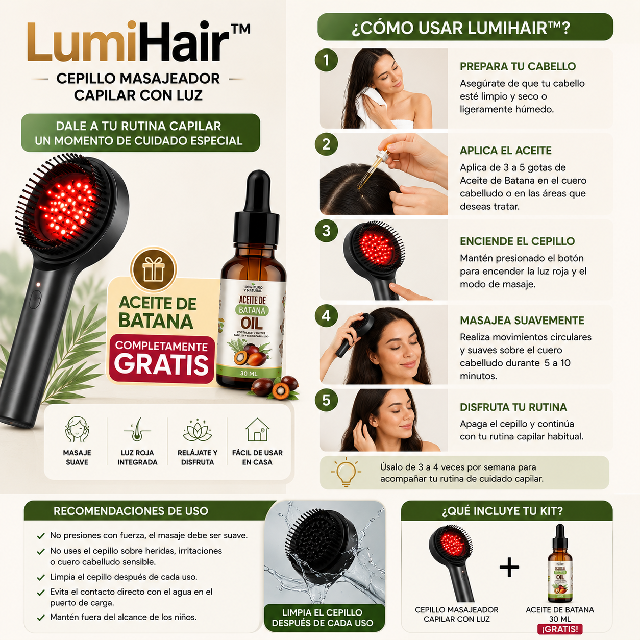 LumiHair™ | Cepillo Masajeador Capilar con Luz + Aceite de Batana completamente GRATIS