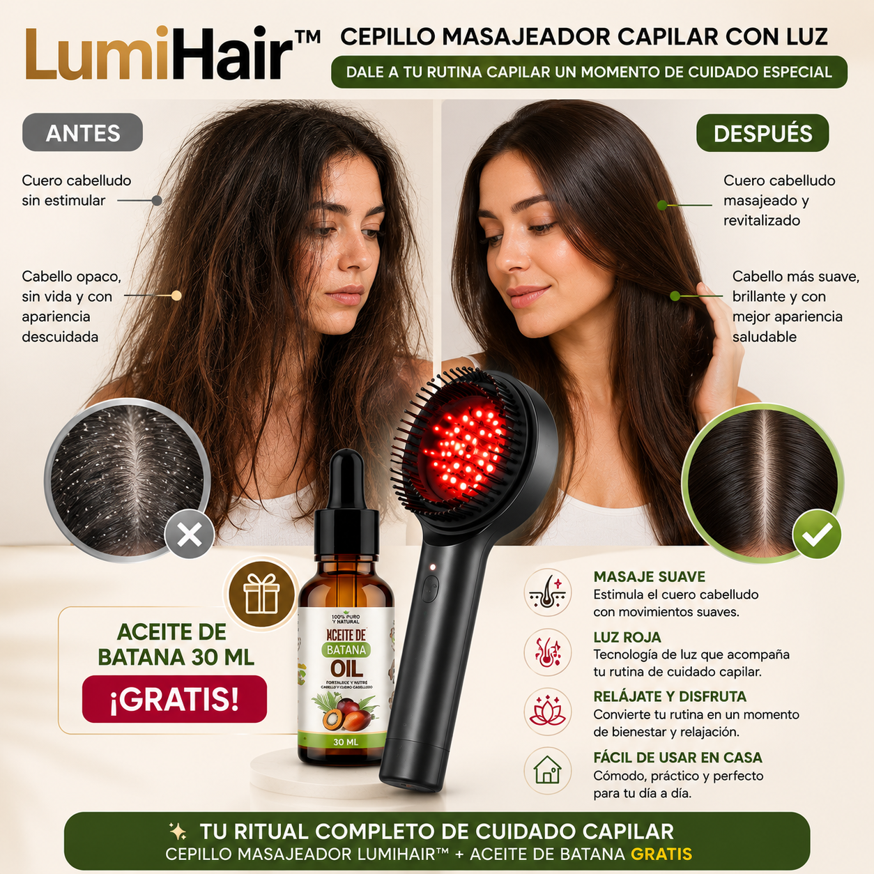 LumiHair™ | Cepillo Masajeador Capilar con Luz + Aceite de Batana completamente GRATIS