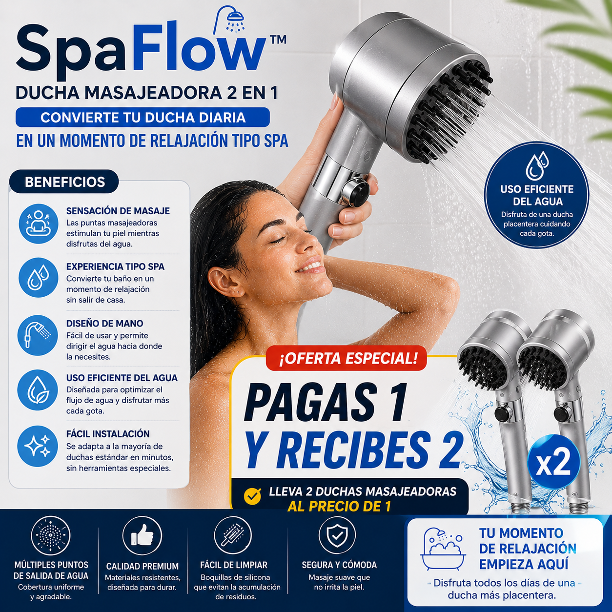 SpaFlow™ | Ducha Masajeadora 2 en 1 - Relajacion tipo spa - Pide 1 y recibes 2.