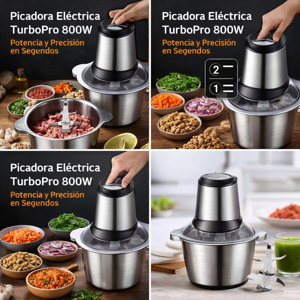 Picadora Eléctrica TurboPro 800W – Potencia y Precisión en Segundos + GUIA DE RECETAS GRATIS