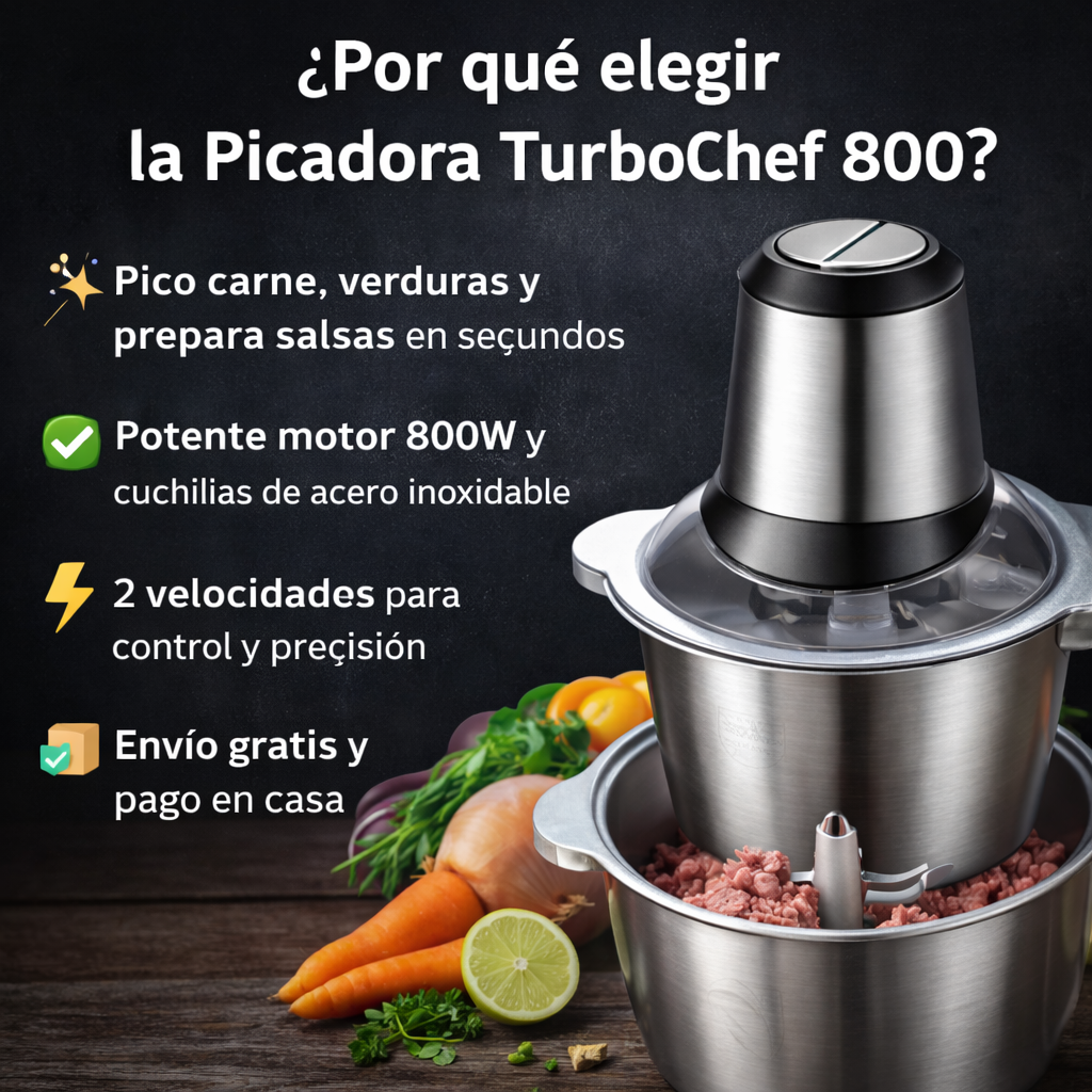 Picadora Eléctrica TurboPro 800W – Potencia y Precisión en Segundos + GUIA DE RECETAS GRATIS