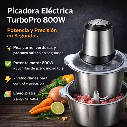 Picadora Eléctrica TurboPro 800W – Potencia y Precisión en Segundos + GUIA DE RECETAS GRATIS