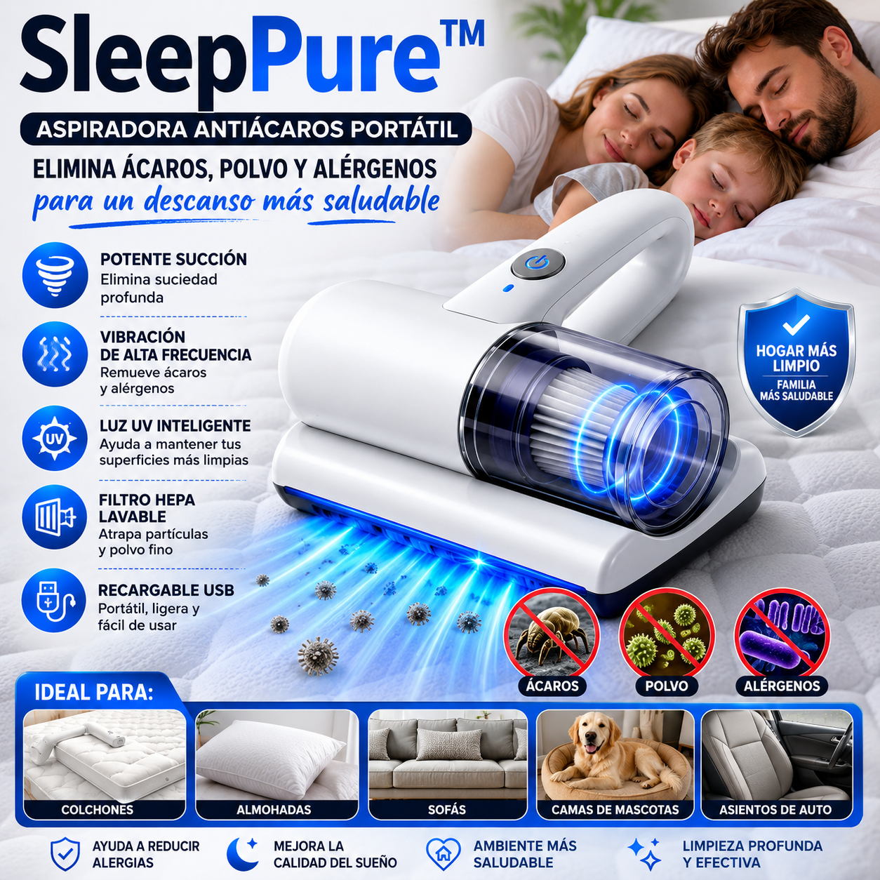 SleepPure™ | Aspiradora Antiácaros Portátil - Elimina ácaros, polvo y alérgenos para un descanso más saludable