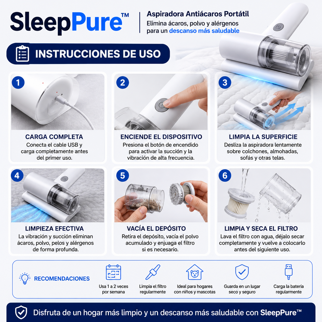 SleepPure™ | Aspiradora Antiácaros Portátil - Elimina ácaros, polvo y alérgenos para un descanso más saludable