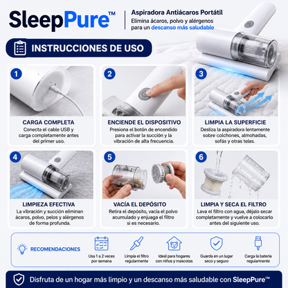 SleepPure™ | Aspiradora Antiácaros Portátil - Elimina ácaros, polvo y alérgenos para un descanso más saludable