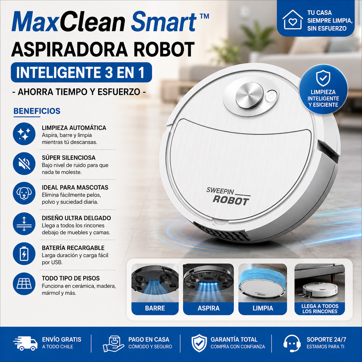MaxClean Smart™ | Aspiradora Robot Inteligente 3 en - Ahorra tiempo y esfuerzo