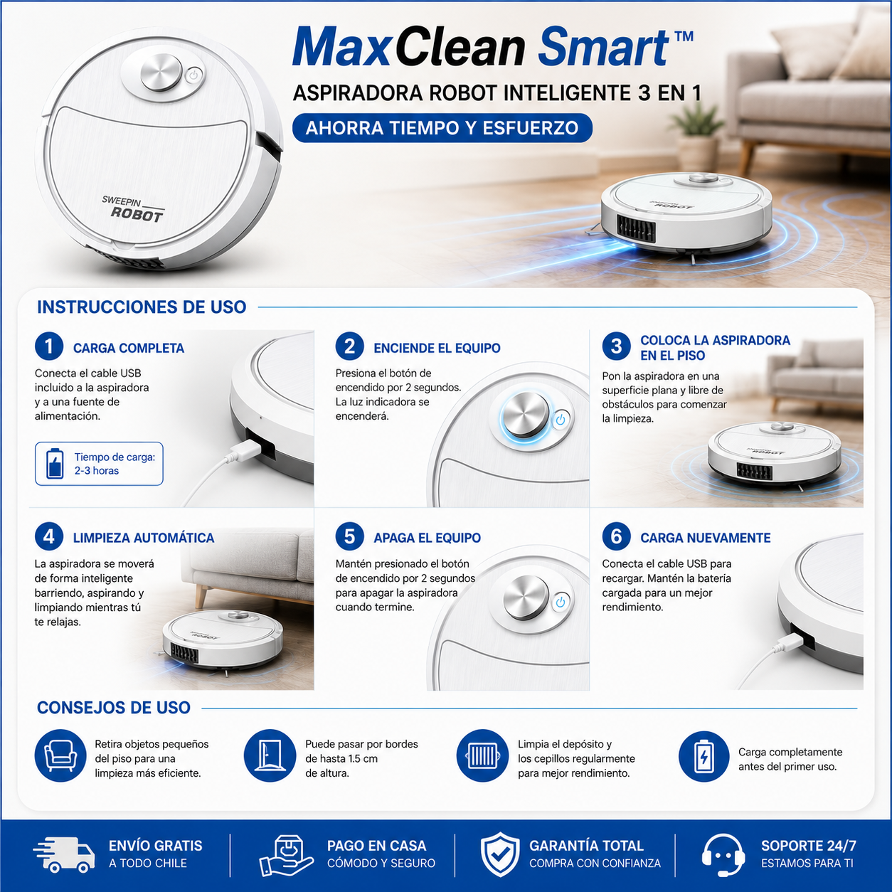 MaxClean Smart™ | Aspiradora Robot Inteligente 3 en - Ahorra tiempo y esfuerzo