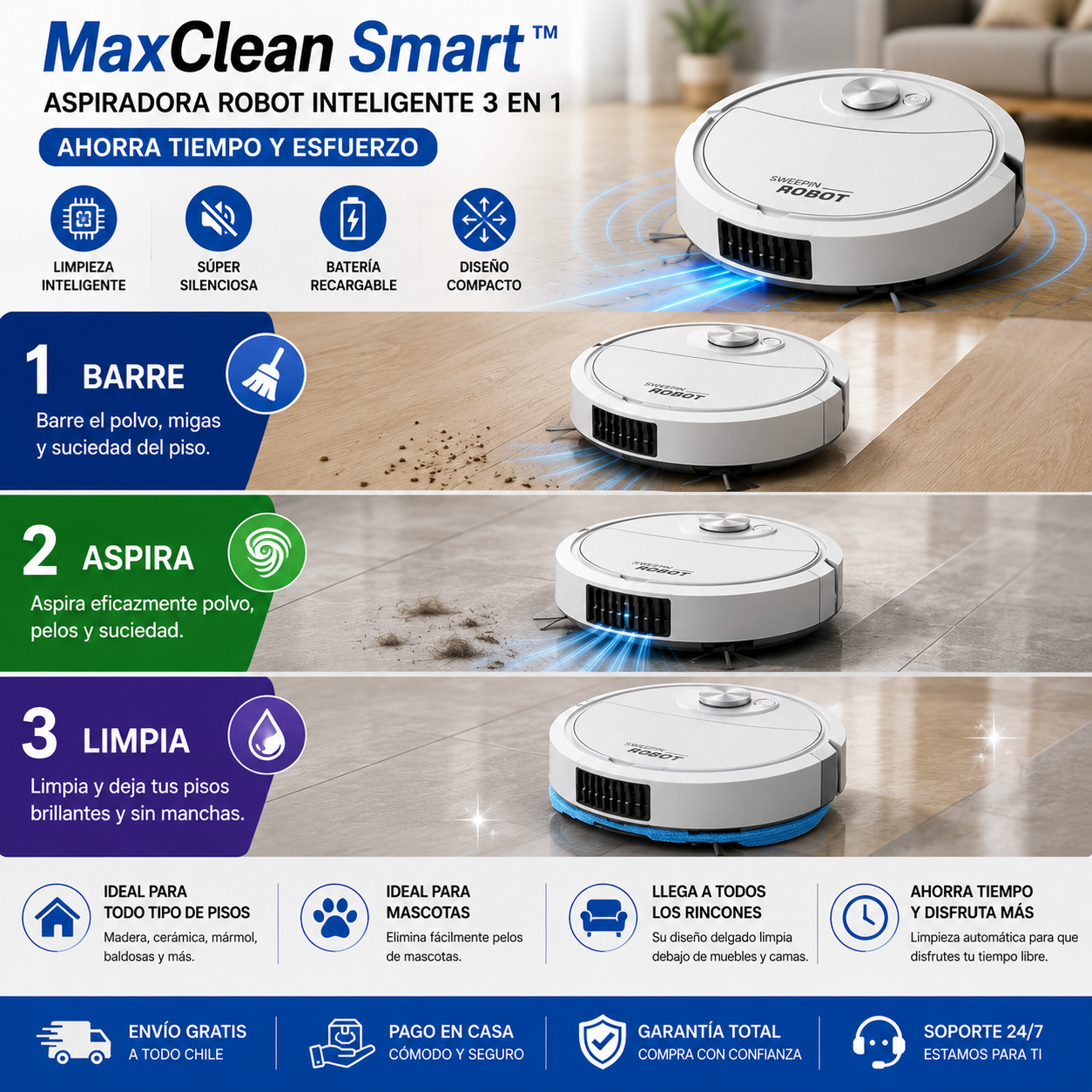 MaxClean Smart™ | Aspiradora Robot Inteligente 3 en - Ahorra tiempo y esfuerzo