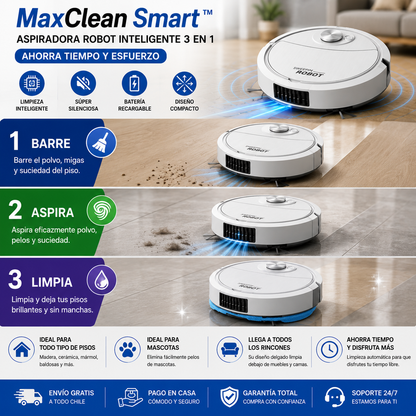 MaxClean Smart™ | Aspiradora Robot Inteligente 3 en - Ahorra tiempo y esfuerzo
