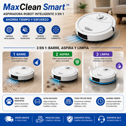 MaxClean Smart™ | Aspiradora Robot Inteligente 3 en - Ahorra tiempo y esfuerzo