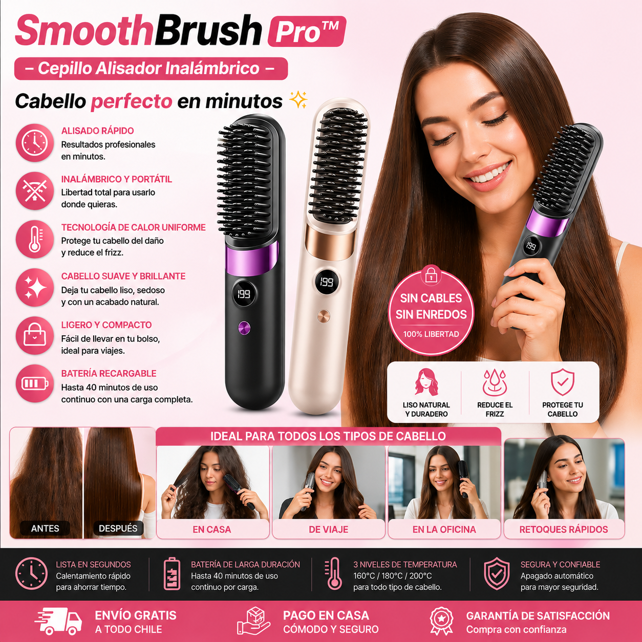 SmoothBrush Pro™ – Cepillo Alisador Inalámbrico - Cabello perfecto en minutos, Ahorra tiempo y esfuerzo.