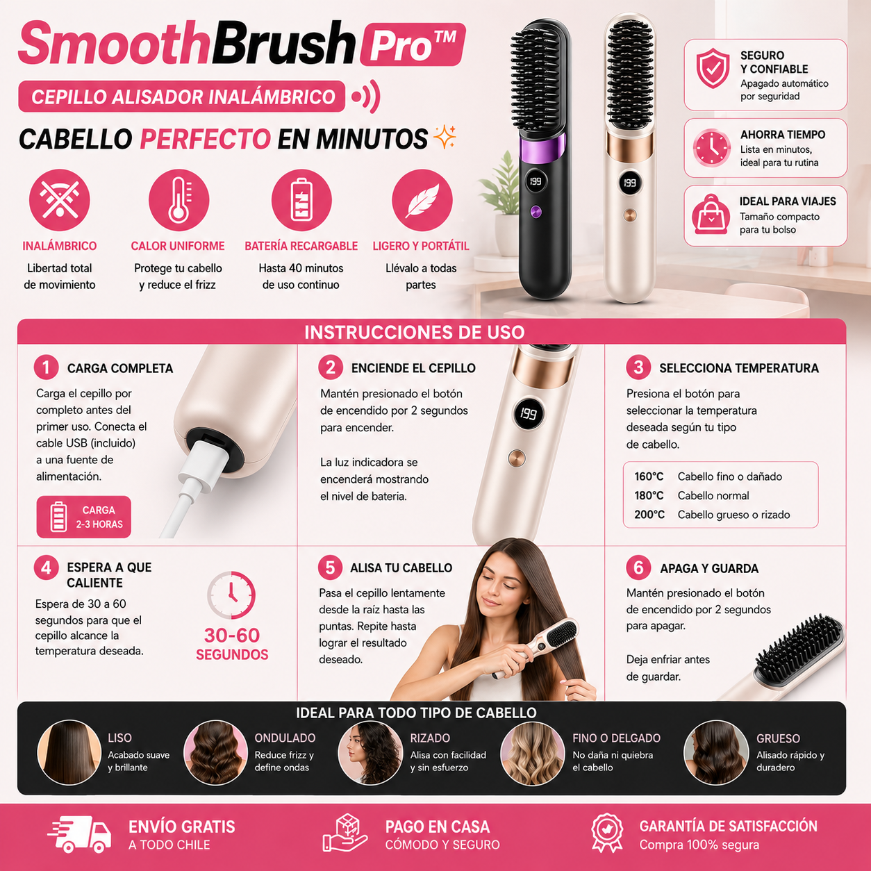 SmoothBrush Pro™ – Cepillo Alisador Inalámbrico - Cabello perfecto en minutos, Ahorra tiempo y esfuerzo.