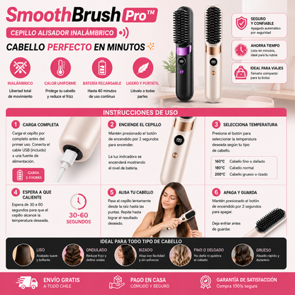 SmoothBrush Pro™ – Cepillo Alisador Inalámbrico - Cabello perfecto en minutos, Ahorra tiempo y esfuerzo.