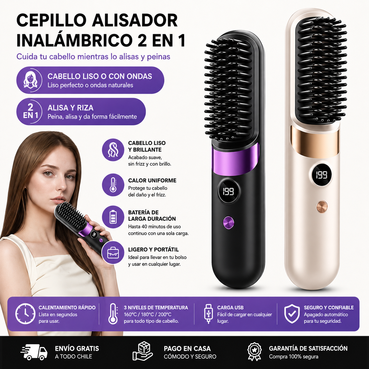 SmoothBrush Pro™ – Cepillo Alisador Inalámbrico - Cabello perfecto en minutos, Ahorra tiempo y esfuerzo.