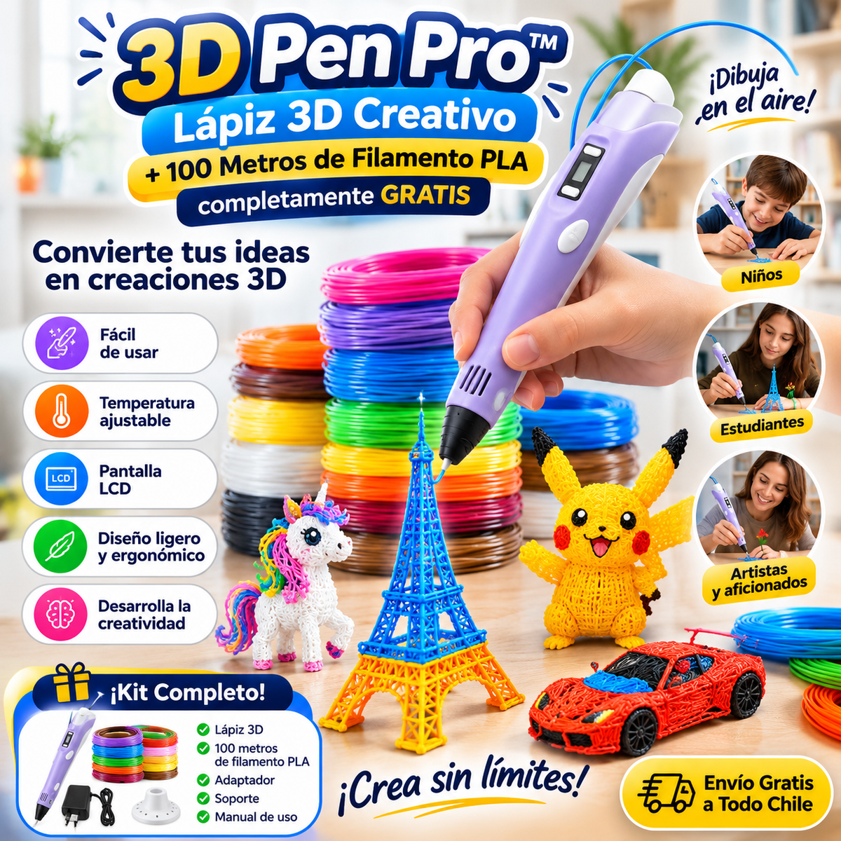 3D Pen Pro™ | Lápiz 3D Creativo + 100 Metros de Filamento PLA completamente GRATIS