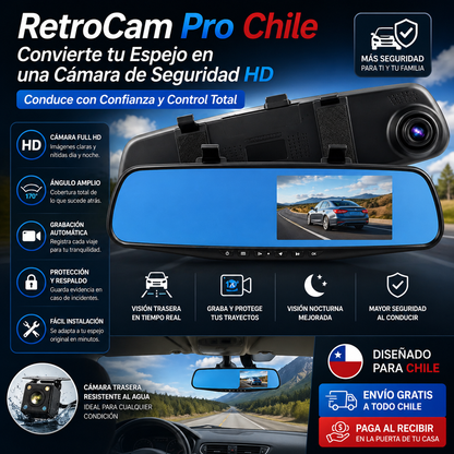RetroCam Pro Chile - Convierte tu Espejo en una Cámara de Seguridad HD - Conduce con Confianza y Control Total