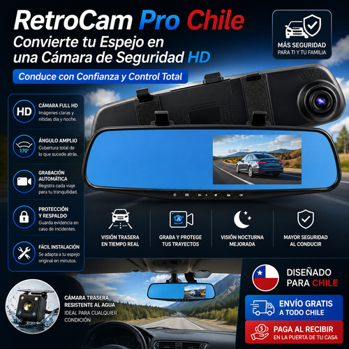 RetroCam Pro Chile - Convierte tu Espejo en una Cámara de Seguridad HD - Conduce con Confianza y Control Total