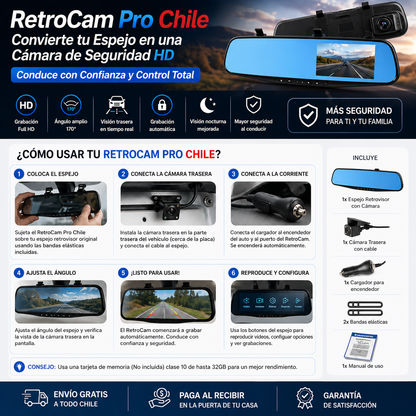 RetroCam Pro Chile - Convierte tu Espejo en una Cámara de Seguridad HD - Conduce con Confianza y Control Total