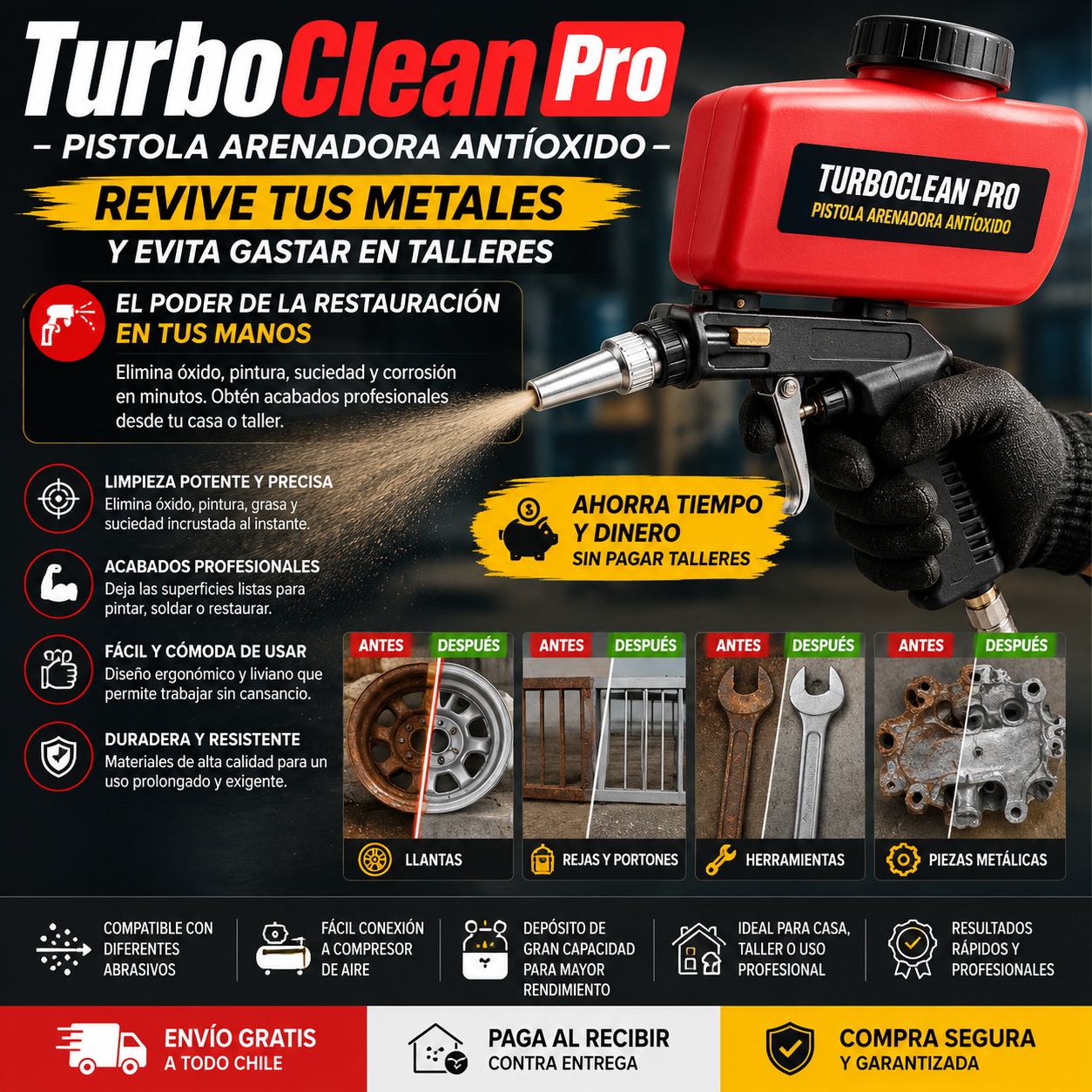 TurboClean Pro – Pistola Arenadora Antióxido - Revive Tus Metales y Evita gastar en talleres