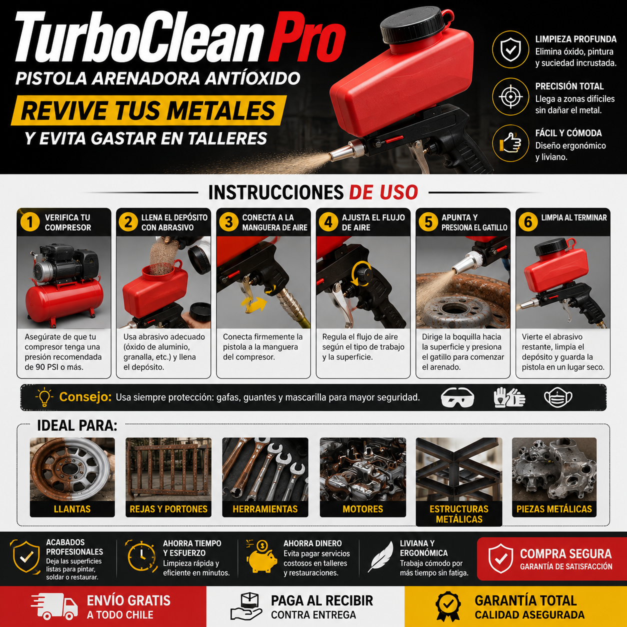 TurboClean Pro – Pistola Arenadora Antióxido - Revive Tus Metales y Evita gastar en talleres