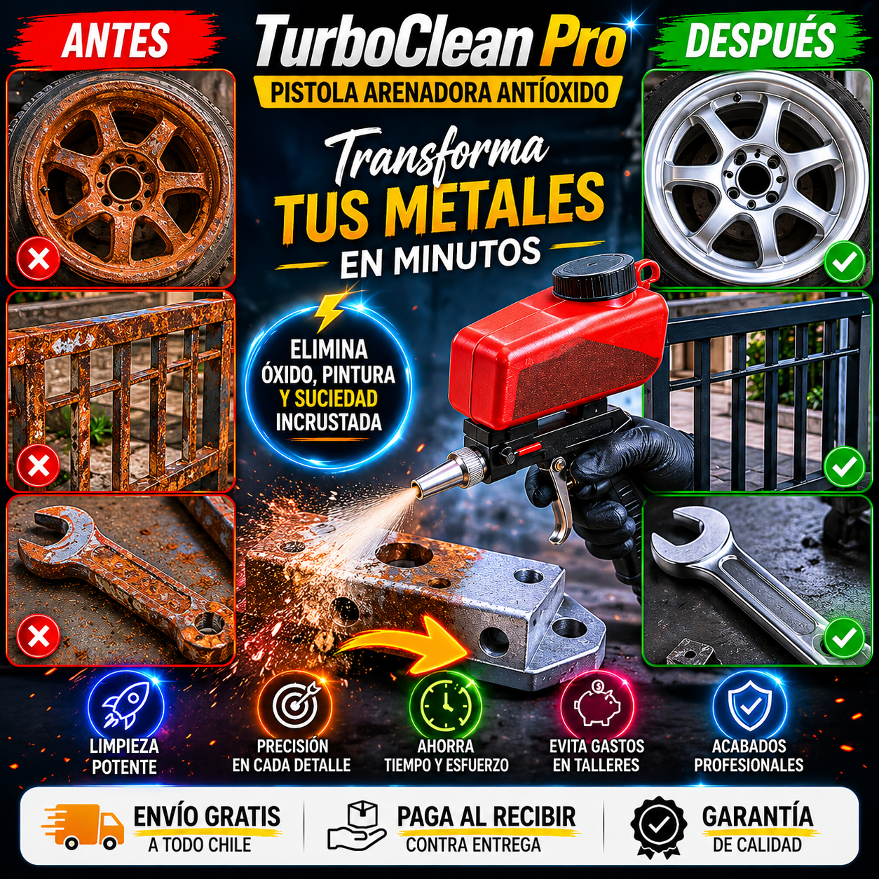 TurboClean Pro – Pistola Arenadora Antióxido - Revive Tus Metales y Evita gastar en talleres