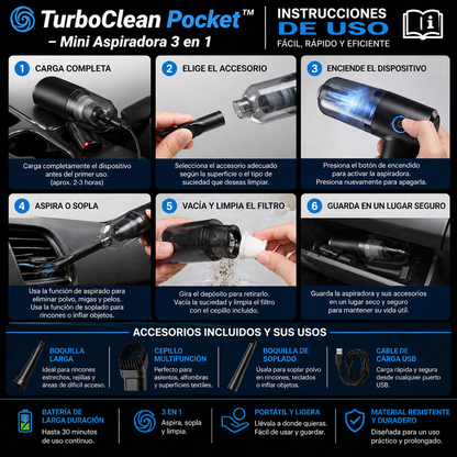 🌀 TurboClean Pocket™ – Mini Aspiradora 3 en 1 - Ahorra miles cada mes limpiándolo tú