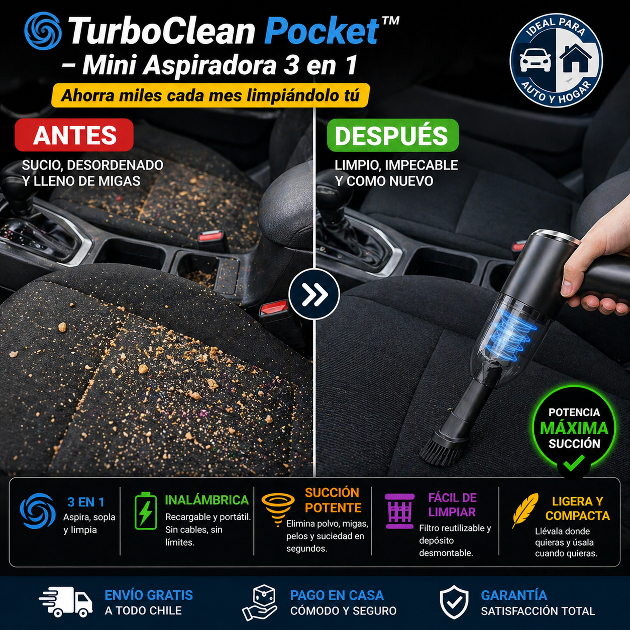 🌀 TurboClean Pocket™ – Mini Aspiradora 3 en 1 - Ahorra miles cada mes limpiándolo tú
