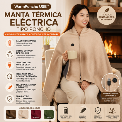 WarmPoncho USB™  - Manta Térmica Eléctrica Tipo Poncho – Mantente Abrigado y Relajado en Cualquier Lugar
