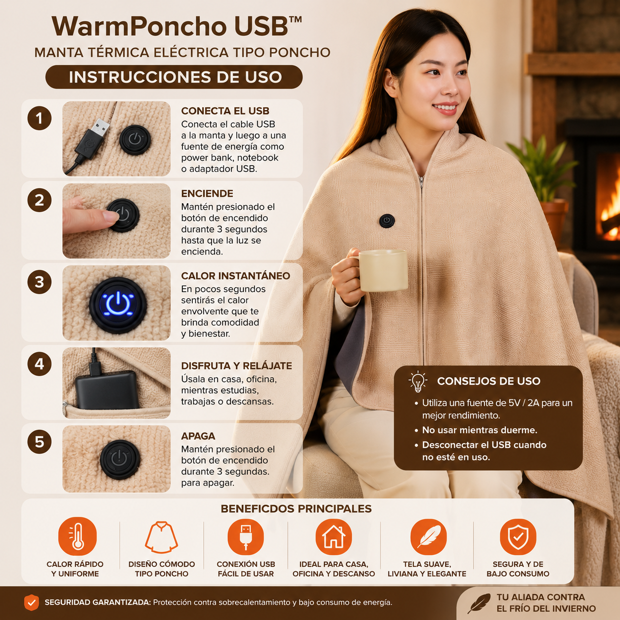 WarmPoncho USB™  - Manta Térmica Eléctrica Tipo Poncho – Mantente Abrigado y Relajado en Cualquier Lugar