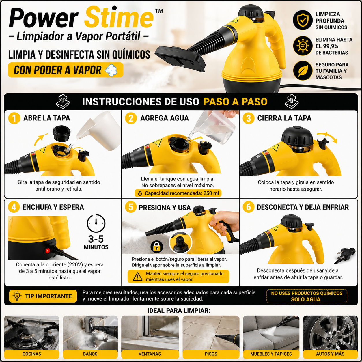 Power Stime™ – Limpiador a Vapor Portátil - Limpia y desinfecta sin químicos con poder a vapor 💨