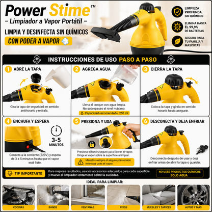 Power Stime™ – Limpiador a Vapor Portátil - Limpia y desinfecta sin químicos con poder a vapor 💨