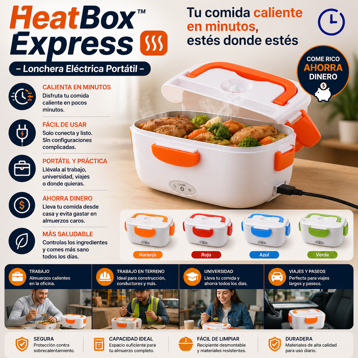 HeatBox Express™ – Lonchera Eléctrica Portátil - Tu comida caliente en minutos, estés donde esté
