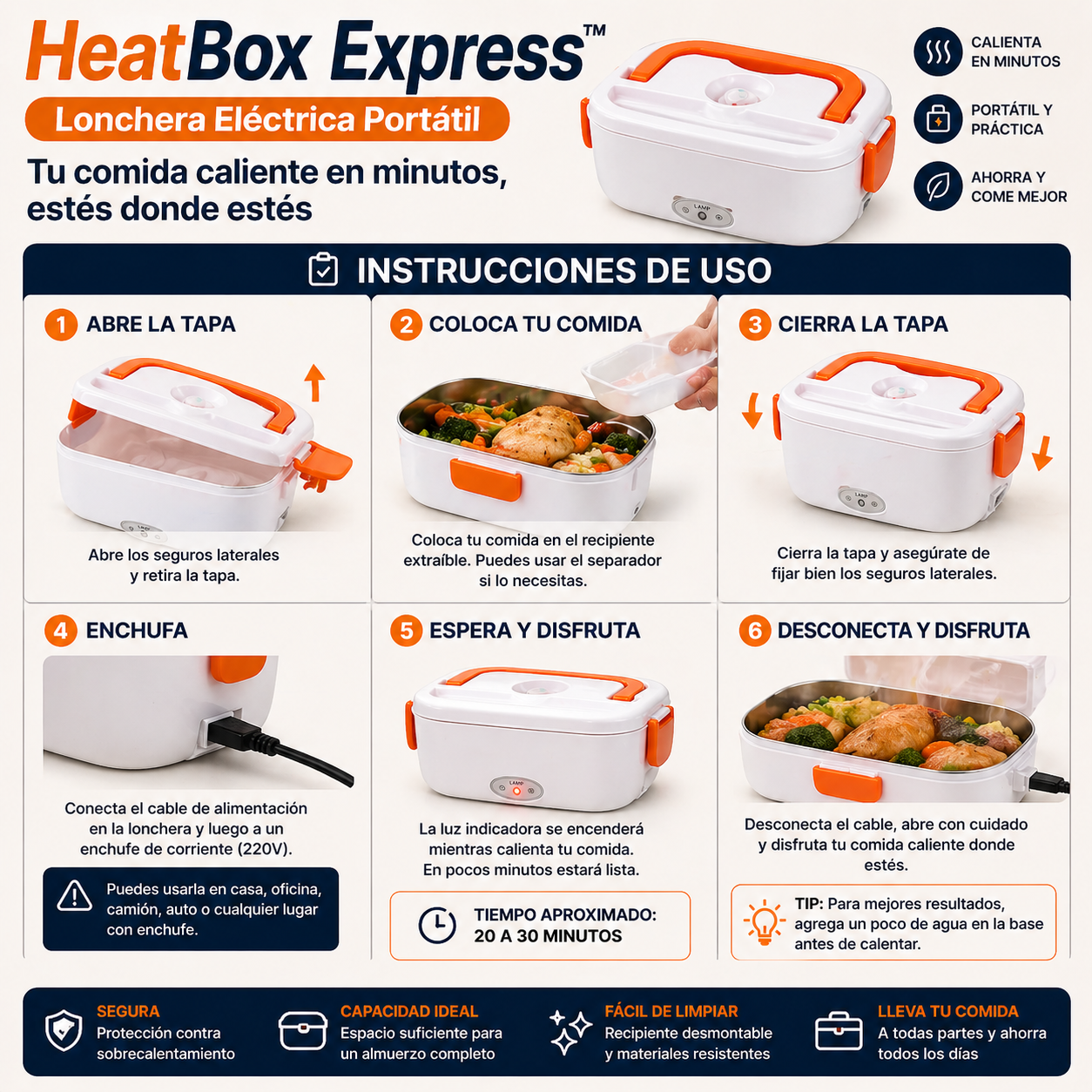 HeatBox Express™ – Lonchera Eléctrica Portátil - Tu comida caliente en minutos, estés donde esté