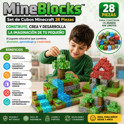 MineBlocks™ | Set de Cubos Minecraft 28 Piezas - Construye, Crea y Desarrolla la Imaginación de tu pequeño