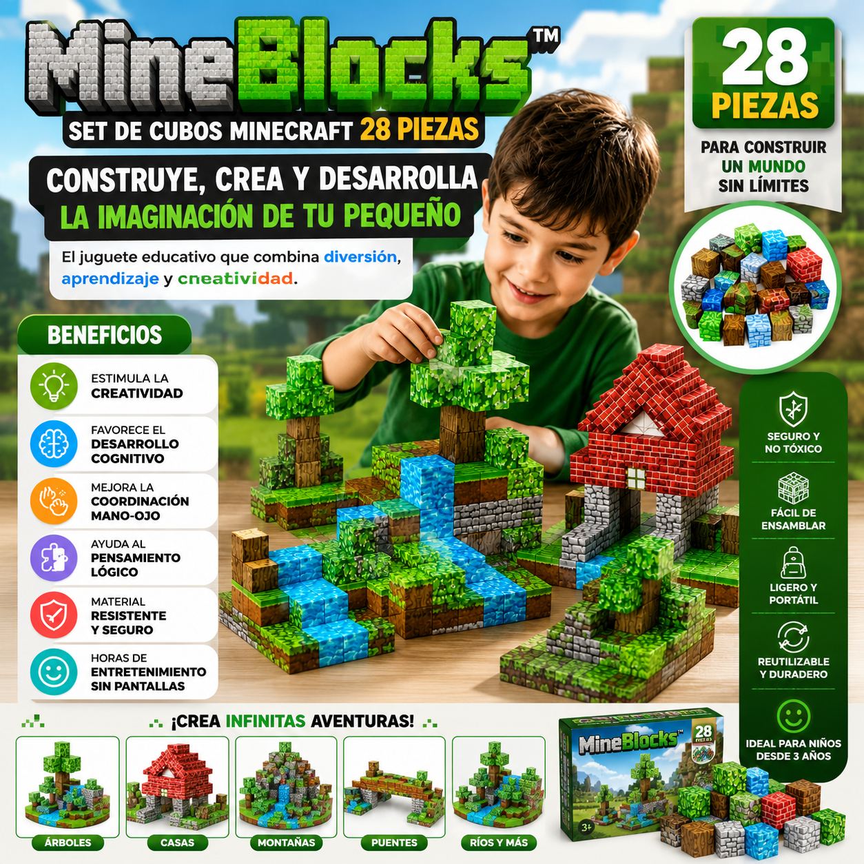 MineBlocks™ | Set de Cubos Minecraft 28 Piezas - Construye, Crea y Desarrolla la Imaginación de tu pequeño