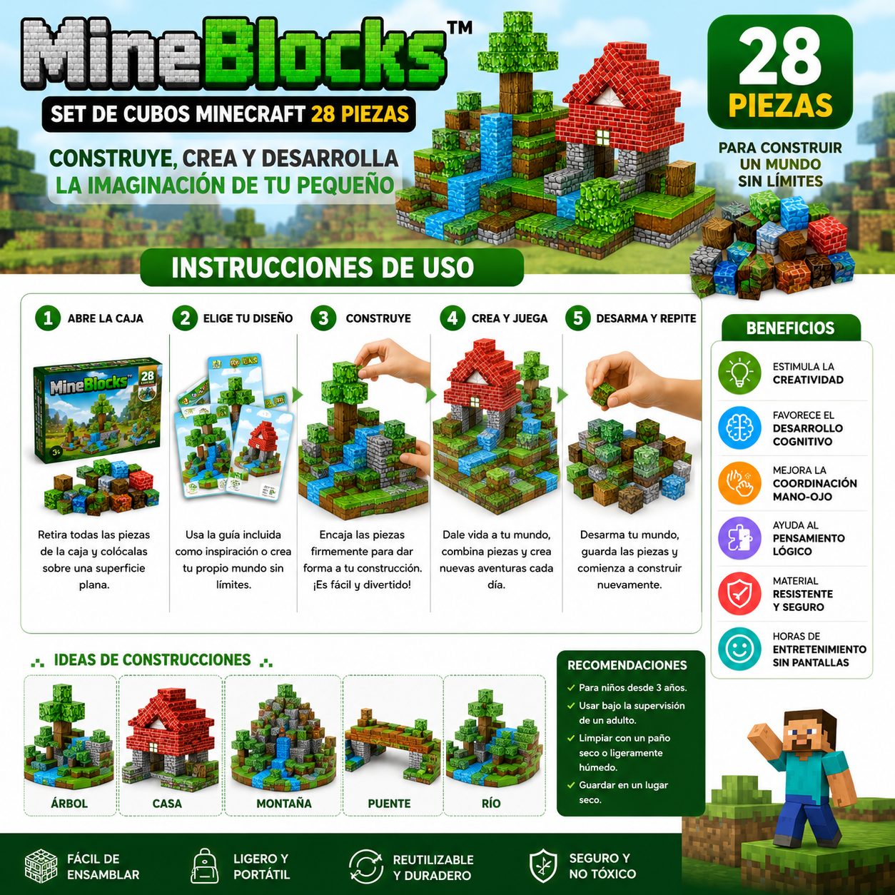 MineBlocks™ | Set de Cubos Minecraft 28 Piezas - Construye, Crea y Desarrolla la Imaginación de tu pequeño