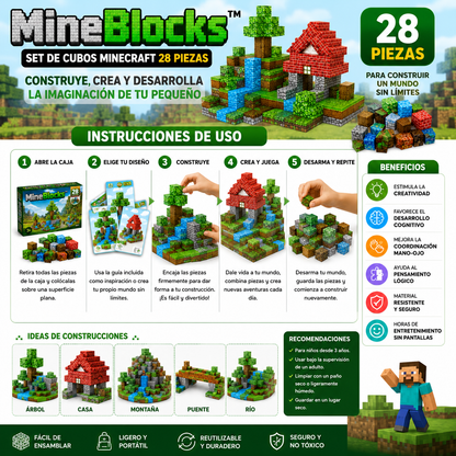 MineBlocks™ | Set de Cubos Minecraft 28 Piezas - Construye, Crea y Desarrolla la Imaginación de tu pequeño